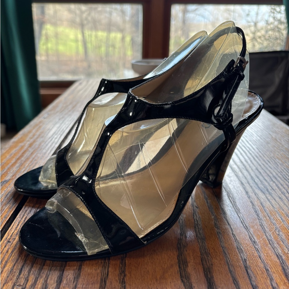 Unlisted Black Patent T-Strap Slingback Heels